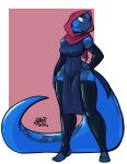  2020 amphibian anthro blue_body breasts clothing female hi_res hooded legwear long_tail looking_aside pink_eyes rubbermage salamander_(amphibian) scarf solo standing stockings 