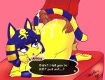  2020 absurd_res all_fours animal_crossing ankha_(animal_crossing) anthro big_butt bodily_fluids butt butt_squish cum cum_on_butt cum_on_face domestic_cat drshyguydraws duo english_text faceless_character faceless_male felid feline felis female genital_fluids genitals hand_on_butt hand_on_cheek hi_res hot_dogging human human_on_anthro interspecies male male/female mammal nintendo nude penis squish text video_games 