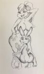  2021 anthro big_breasts breasts buckteeth butt cheek_tuft convenient_censorship crossover crouching dipstick_ears disney duo facial_tuft female greyscale hand_behind_head hi_res judy_hopps lagomorph leporid lola_bunny looking_at_viewer looking_back looking_back_at_viewer looney_tunes mammal monochrome multicolored_ears nude open_mouth open_smile pikapika212 rabbit rear_view scut_tail short_tail side_boob simple_background size_difference sketch smile standing teeth tuft warner_brothers wide_hips zootopia 