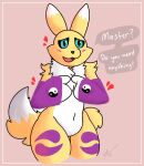  &lt;3 2021 anthro bandai_namco blush dialogue digimon digimon_(species) english_text female fur gesture hair hi_res index_to_index mammal nebula64 nude pointing renamon simple_background solo text video_games white_body yellow_body 