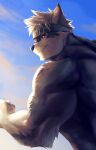  accessory anthro biceps biped blue_sky canid canine canis cloud fur grey_body grey_fur headband hi_res horkeukamui lifewonders looking_at_viewer looking_back male mammal metokuron muscular muscular_anthro muscular_male rear_view sky solo tokyo_afterschool_summoners video_games wolf yellow_eyes 