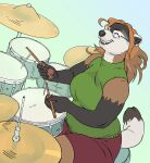  anthro black-footed_ferret brown_hair chubby_female clothed clothing domestic_ferret drum emma_campbell entodonyx eyewear female fur glasses hair hi_res long_hair mammal multicolored_body multicolored_fur musical_instrument mustela mustelid musteline open_mouth percussion_instrument simple_background slightly_chubby smile solo true_musteline 