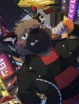  3:4 absurd_res aggressive_retsuko ambiguous_gender anthro biped black_clothing black_jacket black_topwear blush bodily_fluids brown_body brown_fur canid chubby_male city clothed clothing crying dutch_angle felid fur group haida hi_res holding_object holding_umbrella hyaenid jacket mad_spades male mammal pattern_clothing pattern_shirt pattern_topwear raining sanrio shirt slightly_chubby solo_focus striped_clothing striped_shirt striped_topwear stripes tears topwear umbrella 