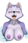  2021 anthro anthrofied areola big_breasts black_nose blush breasts canid canine canis collarbone diacordst domestic_dog everest_(paw_patrol) eyelashes eyes_closed female fur husky inner_ear_fluff mammal multicolored_body multicolored_fur nipples nordic_sled_dog nude open_mouth paw_patrol purple_body purple_fur simple_background solo spitz teeth tongue tongue_out tuft uvula white_background white_body white_fur 