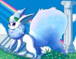  ambiguous_gender blue_body blue_fur borky-draws cloud eeveelution feral flareon flower fur grass laurel_wreath nintendo pillar plant pok&eacute;mon pok&eacute;mon_(species) purple_eyes rainbow solo stairs video_games white_body white_fur 