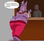  absurd_res anthro belly butt champa clothed clothing colossalstars domestic_cat dragon_ball dragon_ball_super ear_piercing ear_ring english_text felid feline felis gold_(metal) gold_jewelry hi_res jewelry male mammal overweight pants_down partially_clothed piercing purple_body rear_view shirtless text yelling 