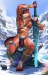  absurd_res anthro armor armpit_hair black_hair body_hair bottomwear brown_body brown_fur bulge canid canine canis clothing ears_up fur hair hi_res ice levsha loincloth magic male mammal melee_weapon mostly_nude mostly_nude_male mountain muscular outside paws pubes red_eyes red_hair rock shin_guards snow solo sword tan_body tan_fur underwear weapon wolf 