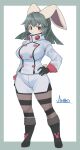  2021 absurd_res anthro blush boots breasts brown_body brown_fur clothing female footwear fur hair hand_on_hip hi_res lagomorph leporid mammal mofumofumachine pattern_clothing rabbit red_eyes simple_background solo striped_clothing stripes 