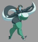  absurd_res anthro big_breasts boris_grim breasts cleavage clothed clothing cobra female grey_background hi_res legwear reptile scalie shara_(anmtns) simple_background snake solo thigh_highs 