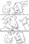  2:3 ambiguous_gender anthro asriel_dreemurr black_and_white bovid bust_portrait caprine chewing chewing_grass clothing comic cuffs_(clothing) deltarune dialogue dinosaur dress_shirt eating english_text fingers frown gesture goat grass group hair hair_over_eyes hand_on_chin hi_res hooved_fingers hooves horizontal_pupils horn human humor jacket kris_(deltarune) male mammal messy_hair monochrome neutral_expression open_frown open_mouth open_smile plant pointing portrait pupils reptile scalie sharp_teeth shirt simple_background smile speech_bubble susie_(deltarune) teeth text the_weaver three-quarter_view topwear trio undertale undertale_(series) video_games waving 