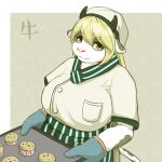  2021 absurd_res anthro apron big_breasts blonde_hair bovid bovine breasts cattle clothing female food green_eyes hair hat headgear headwear hi_res horn kitchen_gloves mammal muffin smile solo treyer 