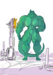  2021 anthro big_breasts big_muscles blue_eyes breasts building conditional_dnp energy_beam featureless_breasts female green_body green_scales horn huge_muscles hyper hyper_muscles jollyjack kaiju lizard macro muscular muscular_arms muscular_female muscular_legs nude reptile scales scalie solo tower wounded 