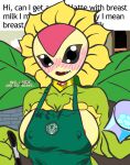 absurd_res alpha_channel anonymous_artist apron apron_only bandai_namco blush breasts clothed clothing cute_fangs digimon digimon_(species) elemental_creature elemental_humanoid english_text female flora_fauna flower flower_creature flower_humanoid green_apron hi_res humanoid i_mean_breast_milk looking_at_viewer meme meme_clothing mostly_nude not_furry plant plant_humanoid seductive side_boob side_view simple_background solo sunflower sunflowmon text 