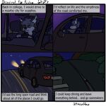  1:1 5_fingers anthro black_nose brown_eyes building canid canine car clothed clothing comic dipstick_ears driving english_text fingers fox fur grey_body grey_fur hi_res hoodie male mammal mountain multicolored_body multicolored_ears multicolored_fur night plant road seat seatbelt sitting solo star starrffax starrffax_(fox_sona) steering_wheel text tired topwear two_tone_body two_tone_fur vehicle 