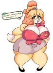  animal_crossing anthro big_breasts blonde_hair bottomwear breasts cleavage clothed clothing female hair hi_res isabelle_(animal_crossing) lewd_dorky nintendo pencil_skirt simple_background skirt solo thick_thighs video_games white_background wide_hips 