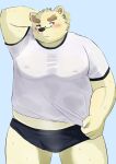  2021 9dtq0 absurd_res anthro blue_background blush bodily_fluids bottomwear bulge clothing eyewear glasses hi_res humanoid_hands kemono leib_(tas) lifewonders male mammal overweight overweight_male polar_bear shirt shorts simple_background solo sweat tokyo_afterschool_summoners topwear ursid ursine video_games 