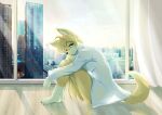  2020 anthro black_nose blonde_hair breasts canid canine city cityscape curtains day female fox fur hair hi_res inside looking_at_viewer mammal side_view smile solo treyer window yellow_body yellow_fur 