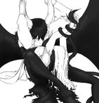  1girl arrancar barefoot bdsm bleach bondage bound bound_wrists breasts cunnilingus espada greyscale hetero horns inoue_orihime long_hair medium_breasts monochrome nipples oral spoilers tail top-down_bottom-up torn_clothes ulquiorra_cifer wings 