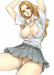  arms_up bad_id bad_pixiv_id between_breasts black_eyes bleach blonde_hair blonde_pubic_hair breasts breasts_apart censored chain collared_shirt cowboy_shot fat_mons grey_skirt gus_(clarkii) head_tilt jewelry large_breasts lips long_hair looking_at_viewer matsumoto_rangiku mole mole_under_mouth mosaic_censoring necklace nipple_slip nipples no_bra no_panties open_clothes open_shirt orange_hair parted_lips pleated_skirt pubic_hair pussy school_uniform shirt short_sleeves simple_background sketch skirt solo sweat thighs wavy_hair white_background white_shirt 