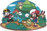  1boy 1girl :d aipom artist_request bag baseball_cap black_hair black_pants blue_eyes blue_sky brown_eyes brown_hair bush chikorita cloud cloudy_sky creature creatures_(company) cyndaquil day fangs flower game_freak gen_2_pokemon gold_(pokemon) happy hat hat_ribbon kotone_(pokemon) long_sleeves looking_at_viewer looking_away monkey musical_note nintendo official_art open_mouth outdoors overalls pants pokemon pokemon_(creature) pokemon_(game) pokemon_hgss ribbon sentret sky smile speech_bubble spoken_face spoken_musical_note totodile transparent_background tree twintails walking white_hat 