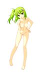  1girl :d areolae barefoot barrette beatmania beatmania_iidx blush breasts collarbone erika_(beatmania_iidx) feet full_body green_eyes green_hair gynomorphous hand_on_hip head_tilt highres kinoshita_ichi kitami_erika knees legs long_hair looking_at_viewer navel nipples no_pussy novagina nude omitted_bits open_mouth pointing side_ponytail simple_background smile solo standing toes white_background 