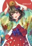  1girl 2019 :d ahoge animal animal_on_head arms_up bangs black_hair blue_bow blush boar bow eyebrows_visible_through_hair floral_print fur_trim green_kimono hair_bow hakama head_tilt japanese_clothes kimono long_sleeves looking_at_viewer ne-on nengajou new_year on_head open_mouth original print_kimono purple_eyes red_bow red_hakama short_hair smile solo tareme twitter_username two-tone_background wide_sleeves 