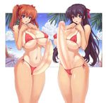  beach bikini black_hair blush bow bows breasts erection futanari huge large_breasts long_hair multiple_girls no_testicles penis purple_eyes red_hair swimsuit tropical 