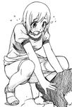  1girl bad_id bad_pixiv_id blush dog embarrassed greyscale hyakko inappropriate_animal monochrome nonomura_ayumi panties panty_pull pee peeing sandals sawa_jaaji short_hair solo squatting underwear 