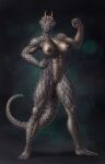  5_toes anthro areola argonian bethesda_softworks biped black_areola black_nipples black_pussy blind_eye breasts claws countershade_arms countershade_tail countershade_torso countershading dark_body dark_scales feet female flexing genitals hi_res himeragoldtail horn horn_jewelry horn_ring mammal muscular muscular_female nipples non-mammal_breasts non-mammal_nipples nude plantigrade pose pussy red_eyes reptile ring_(jewelry) scales scalie scar solo the_elder_scrolls toes video_games 