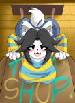  anthro blush breasts canid canine clothed clothing fangs felid feline fur hair hi_res mammal mojiuwu open_mouth solo tem temmie_(undertale) text topwear undertale undertale_(series) video_games white_body white_fur 