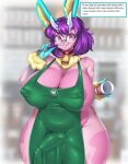  anthro apron apron_only areola big_breasts breasts bulge cleavage clothed clothing dummybuns english_text eyewear genital_outline glasses green_apron gynomorph hair hi_res i_mean_breast_milk intersex lagomorph leporid mammal meme mleonheart mostly_nude penis_outline pink_body purple_hair rabbit solo text thick_thighs 