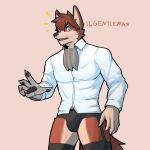  1:1 2021 anthro bulge canid canine canis claws clothed clothing domestic_dog dress_shirt emanata english_text eyebrows fur garter_straps hair jrjresq legwear looking_at_viewer male mammal muscular muscular_anthro muscular_male neckwear number shirt simple_background solo standing tan_background text thigh_highs topwear tuft underwear 