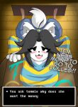  anthro blush breasts canid canine clothed clothing fangs felid feline fur hair hi_res mammal mojiuwu open_mouth solo tem temmie_(undertale) text topwear undertale undertale_(series) video_games white_body white_fur 