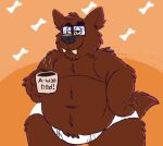  anthro beverage black_nose briefs brown_body brown_fur bulge canid canine clothed clothing coffee coffee_cup container cup detailed_background english_text eyewear fur glasses hand_holding_object hand_on_side justabeariguess male mammal navel orange_background overweight overweight_male simple_background smile solo teeth text tighty_whities topless underwear were werecanid werecanine werewolf white_briefs white_clothing white_underwear yellow_sclera yellow_teeth 