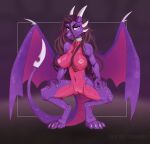  activision anthro areola bedroom_eyes big_breasts breasts crouching cynder dragon female genitals hair hi_res horn long_hair looking_at_viewer membrane_(anatomy) membranous_wings narrowed_eyes navel nipples nude purple_body purple_scales pussy scales scalie seductive solo spyro_the_dragon video_games wings zowato 