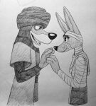  2020 amunet_(ducktales) anthro anubian_jackal arabian_wolf canid canine canis clothed clothing disney ducktales ducktales_(2017) duo egyptian egyptian_clothing eye_contact faris_djinn female hand_on_hand hi_res jackal looking_at_another male male/female mammal monochrome romantic simple_background smile unknown_artist wolf 