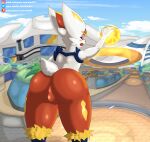  absurd_res anthro blush butt cel_shading cinderace draik fluffy fluffy_tail fur glistening glistening_body hi_res male nintendo open_mouth pok&eacute;mon pok&eacute;mon_(species) pokemon_unite rear_view shaded simple_background solo surprised_expression video_games white_body white_fur 
