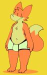  2021 anthro biped bulge canid canine chest_tuft clothed clothing cute_fangs digital_media_(artwork) dipstick_tail fox head_tuft male mammal markings multicolored_body multicolored_tail navel orange_body simple_background solo squishy_(artist) standing tail_markings tobi_(squishy) tuft two_tone_body underwear underwear_only yellow_body 