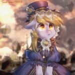  1:1 absurd_res blonde_hair blue_clothing bow_ribbon bubblepurity clothed clothing derpy_hooves_(mlp) digital_media_(artwork) dress equid equine female feral floppy_ears friendship_is_magic fur grey_body hair hasbro hat headgear headwear hi_res horse mammal my_little_pony pegasus pony solo steampunk top_hat wings 