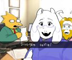 alphys anthro asgore_dreemurr beard blonde_beard blonde_hair blush bodily_fluids boss_monster bovid caprine certificate chair clothed clothing crying deltarune desk detailed_background divorce english_text eyewear facial_hair female frown fully_clothed fur furniture gesture glasses goat group hair happy hi_res holding_object holding_paper horn humor inside jacket kfov_851 lizard long_ears looking_at_viewer male mammal meme monitor necktie office open_frown open_mouth open_smile paper photo_background reptile sad scales scalie selfie shirt smile snapchat surprise tears text thumbs_up topwear toriel trio undertale undertale_(series) video_games white_body white_fur yellow_body yellow_scales 