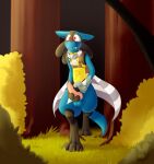  anthro balls blue_body blush cape clothing dragonclaw36 erection forest genitals grass hi_res lucario male masturbation nintendo outside penile penile_masturbation penis plant pok&eacute;mon pok&eacute;mon_(species) red_eyes solo spikes spikes_(anatomy) tree video_games 