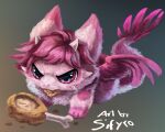  angry blitzdrachin chibi chicken_meat conditional_dnp dragon feathered_wings feathers food fur furred_dragon gradient_background hair horn meat painting pink_body pink_fur pink_hair signature simple_background wings 