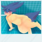  bedroom_eyes blue_body blue_fur blush borky-draws ember_the_typhlosion eyebrows eyelashes fangs female fluffy_chest fur hand_on_leg hand_on_thigh multicolored_body multicolored_fur narrowed_eyes nintendo pok&eacute;mon pok&eacute;mon_(species) red_eyes seductive simple_background solo typhlosion video_games yellow_body yellow_fur 