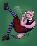  absurd_res anthro bottomwear clothing collar creepers cringecorecat demonias domestic_cat drugs felid feline felis footwear full-length_portrait fur hair hi_res kai(cringecorecat) legwear male mammal marijuana pink_body pink_fur pink_hair portrait shorts smoke smoking socks solo stripes suspenders thigh_highs thigh_socks 