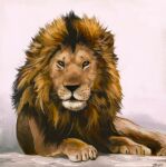  2017 black_nose bluechance brown_body brown_fur brown_hair brown_mane claws digital_media_(artwork) digital_painting_(artwork) felid feral fur hair lion looking_at_viewer lying male mammal mane on_side orange_eyes pantherine realistic simple_background solo tan_body tan_fur whiskers 