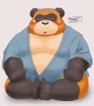 2021 anthro asian_clothing belly black_body black_nose blush brown_body canid canine clothing east_asian_clothing eyes_closed japanese_clothing kemono male mammal moobs overweight overweight_male raccoon_dog simple_background sitting solo tanuki toshi_(artist) 