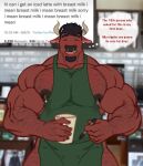  anthro apron arm_hair big_pecs black_hair blush bodily_fluids body_hair bovid bovine cattle chest_hair clothing ear_piercing english_text facial_hair facial_piercing goatee green_apron hair hi_res hunnipanda i_mean_breast_milk lactating male male_lactation mammal meme muscular muscular_anthro muscular_male nipples nose_piercing pecs piercing red_body solo text thought_bubble 