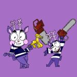  1:1 anthro antlers blush buckteeth cervid chainsaw clothed clothing happy_tree_friends horn kfoake mammal mime mime_(htf) power_tool purple_body simple_background teeth tools topwear 