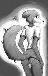  2020 anthro beastars butt canid canine canis clothed clothing digital_drawing_(artwork) digital_media_(artwork) eyelashes female fur juno_(beastars) litsi looking_at_viewer mammal monochrome multicolored_body presenting shaded shy simple_background solo thick_eyelashes two_tone_body wolf 