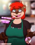  2021 absurd_res african_wild_dog anthro apron aulani_(bunnydewart) big_breasts breasts brown_body brown_fur bunnydewart canid canine cel_shading clothing dialogue duo ear_piercing ear_ring eyewear facial_piercing female freckles fur green_apron green_eyes grin hair hi_res i_mean_breast_milk lapel_pin lgbt_pride lutrine mammal meme mustelid nose_piercing piercing pin_accessory pride_color_accessory pride_colors pride_pin rainbow_flag rainbow_pride_flag rainbow_symbol red_hair roxanne_(bunnydewart) septum_piercing shaded shirt six-stripe_rainbow_pride_colors smile solo_focus starbucks topwear 